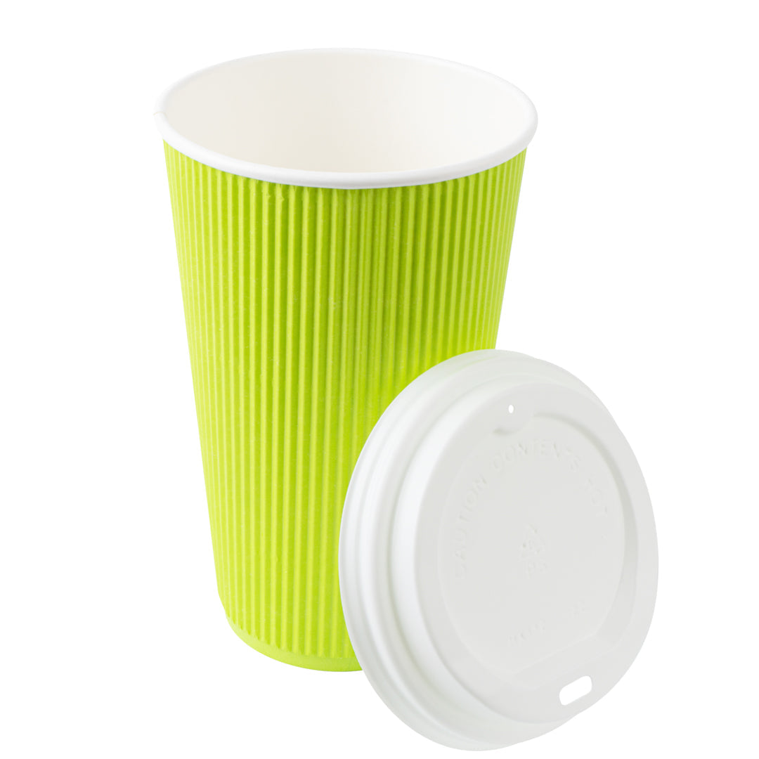 Restpresso 16 oz Eco Green Paper Ripple Wall Coffee Cup - with White Lid - 3 1/2" x 3 1/2" x 6 1/4" - 200 count box