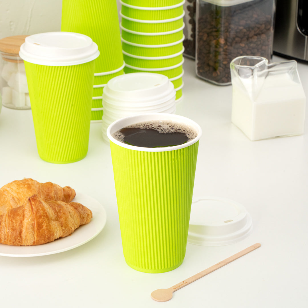Restpresso 16 oz Eco Green Paper Ripple Wall Coffee Cup - with White Lid - 3 1/2" x 3 1/2" x 6 1/4" - 200 count box
