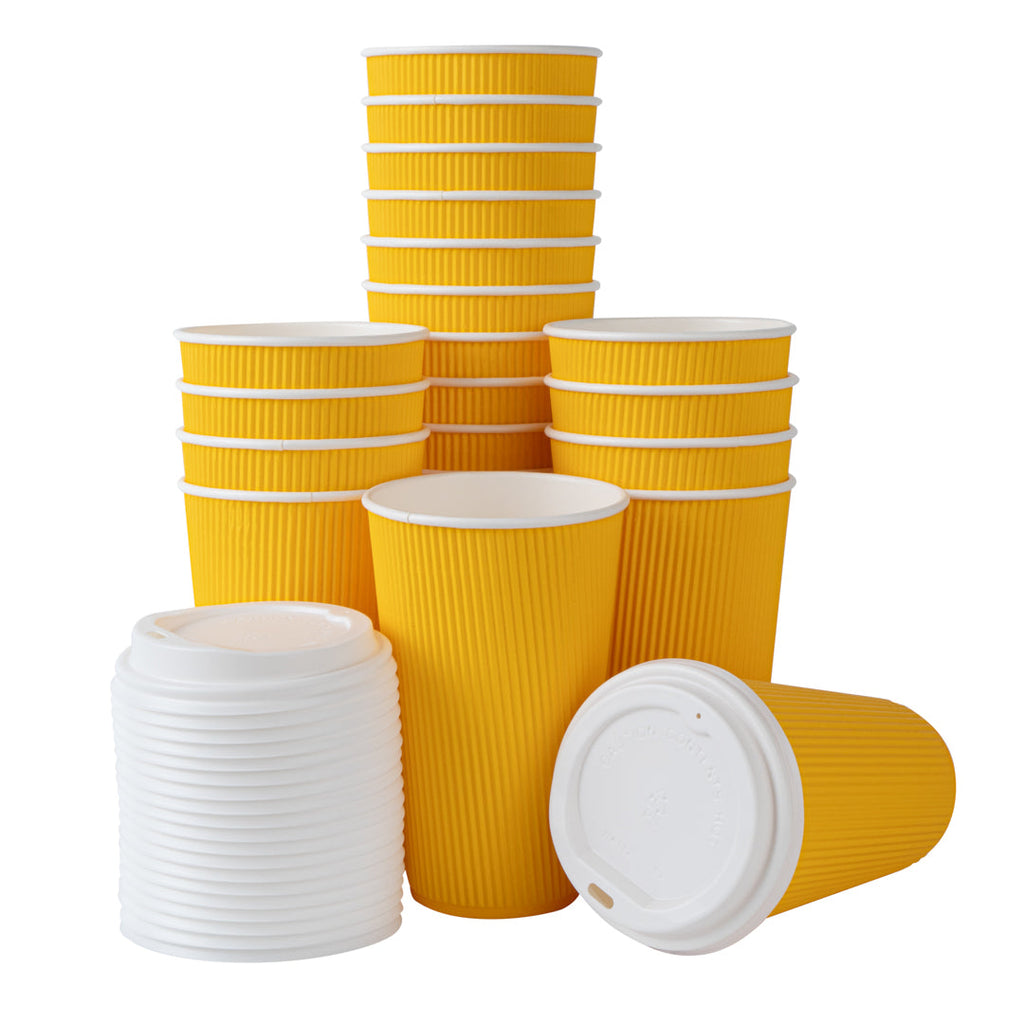 Restpresso 16 oz Yellow Paper Ripple Wall Coffee Cup - with White Lid - 3 1/2" x 3 1/2" x 6 1/4" - 200 count box
