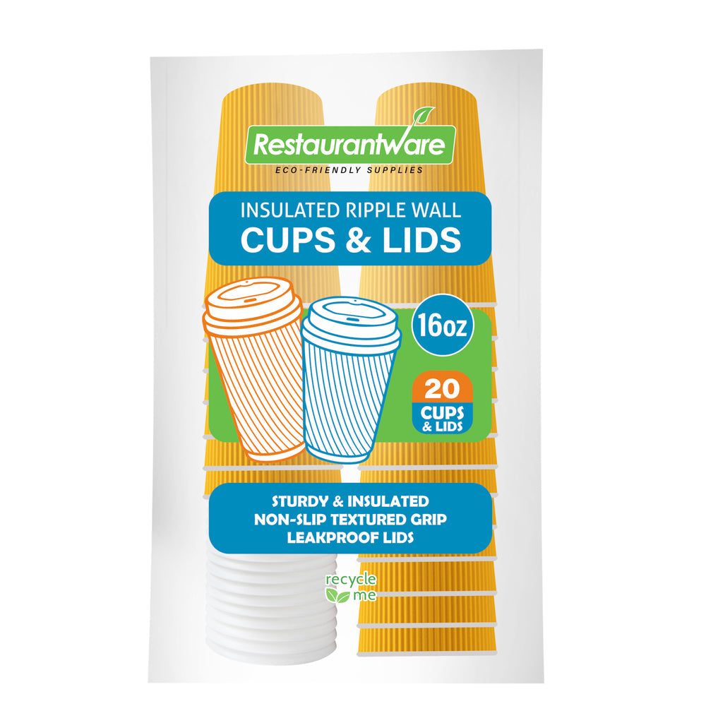 Restpresso 16 oz Yellow Paper Ripple Wall Coffee Cup - with White Lid - 3 1/2" x 3 1/2" x 6 1/4" - 20 count box