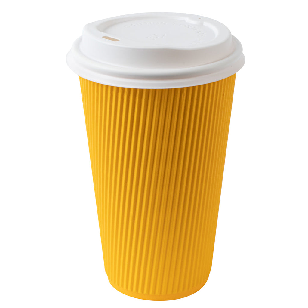 Restpresso 16 oz Yellow Paper Ripple Wall Coffee Cup - with White Lid - 3 1/2" x 3 1/2" x 6 1/4" - 20 count box