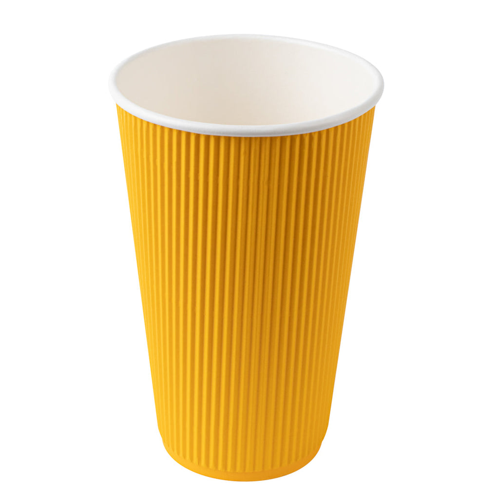 Restpresso 16 oz Yellow Paper Ripple Wall Coffee Cup - with White Lid - 3 1/2" x 3 1/2" x 6 1/4" - 20 count box