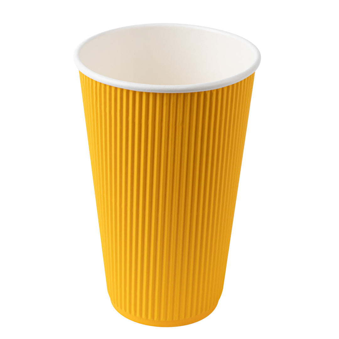 Restpresso 16 oz Yellow Paper Ripple Wall Coffee Cup - with White Lid - 3 1/2" x 3 1/2" x 6 1/4" - 20 count box