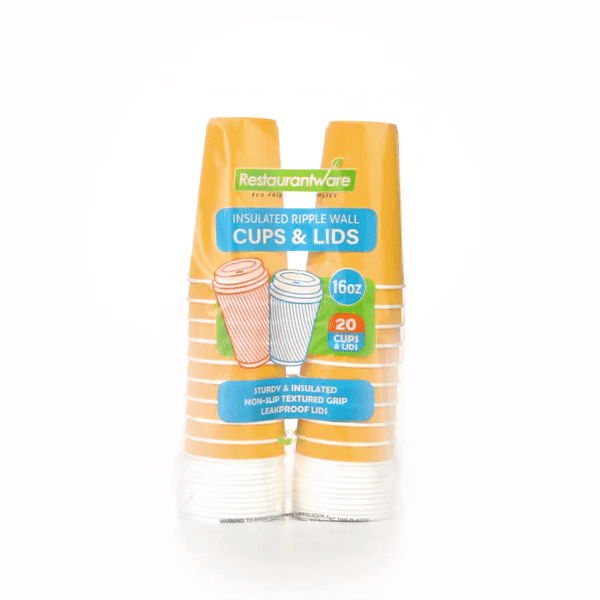 Restpresso 16 oz Yellow Paper Ripple Wall Coffee Cup - with White Lid - 3 1/2" x 3 1/2" x 6 1/4" - 200 count box