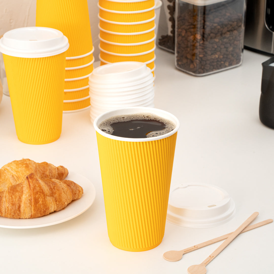 Restpresso 16 oz Yellow Paper Ripple Wall Coffee Cup - with White Lid - 3 1/2" x 3 1/2" x 6 1/4" - 200 count box