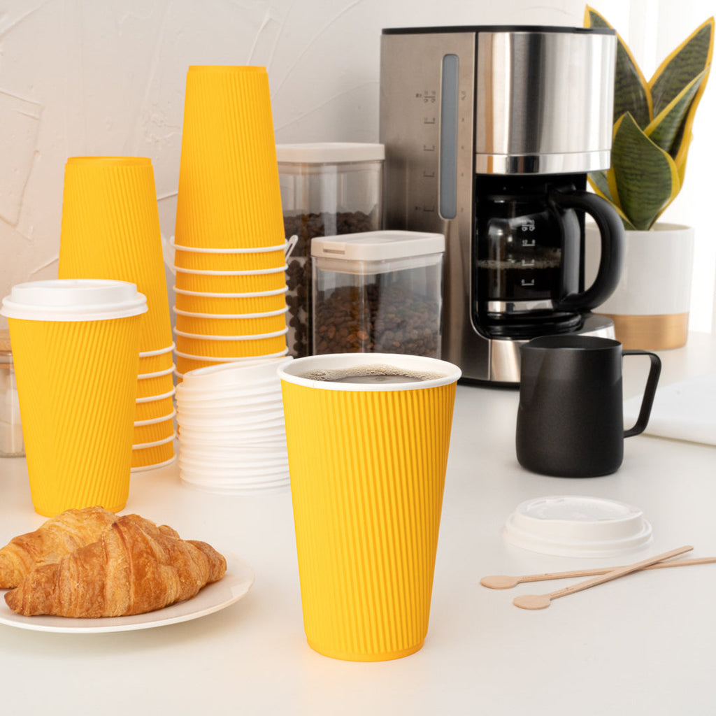 Restpresso 16 oz Yellow Paper Ripple Wall Coffee Cup - with White Lid - 3 1/2" x 3 1/2" x 6 1/4" - 200 count box