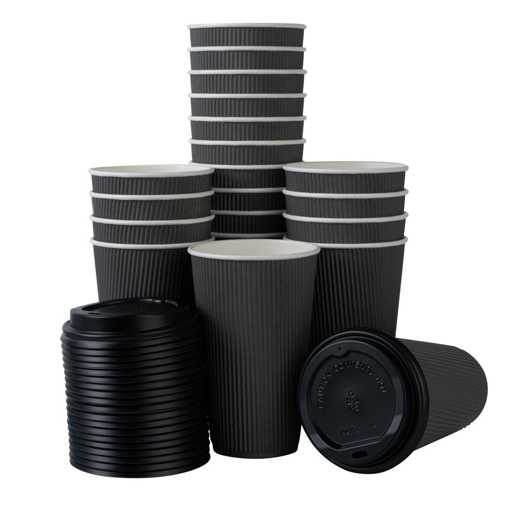 Restpresso 16 oz Gray Paper Ripple Wall Coffee Cup - with Black Lid - 3 1/2" x 3 1/2" x 6 1/4" - 20 count box