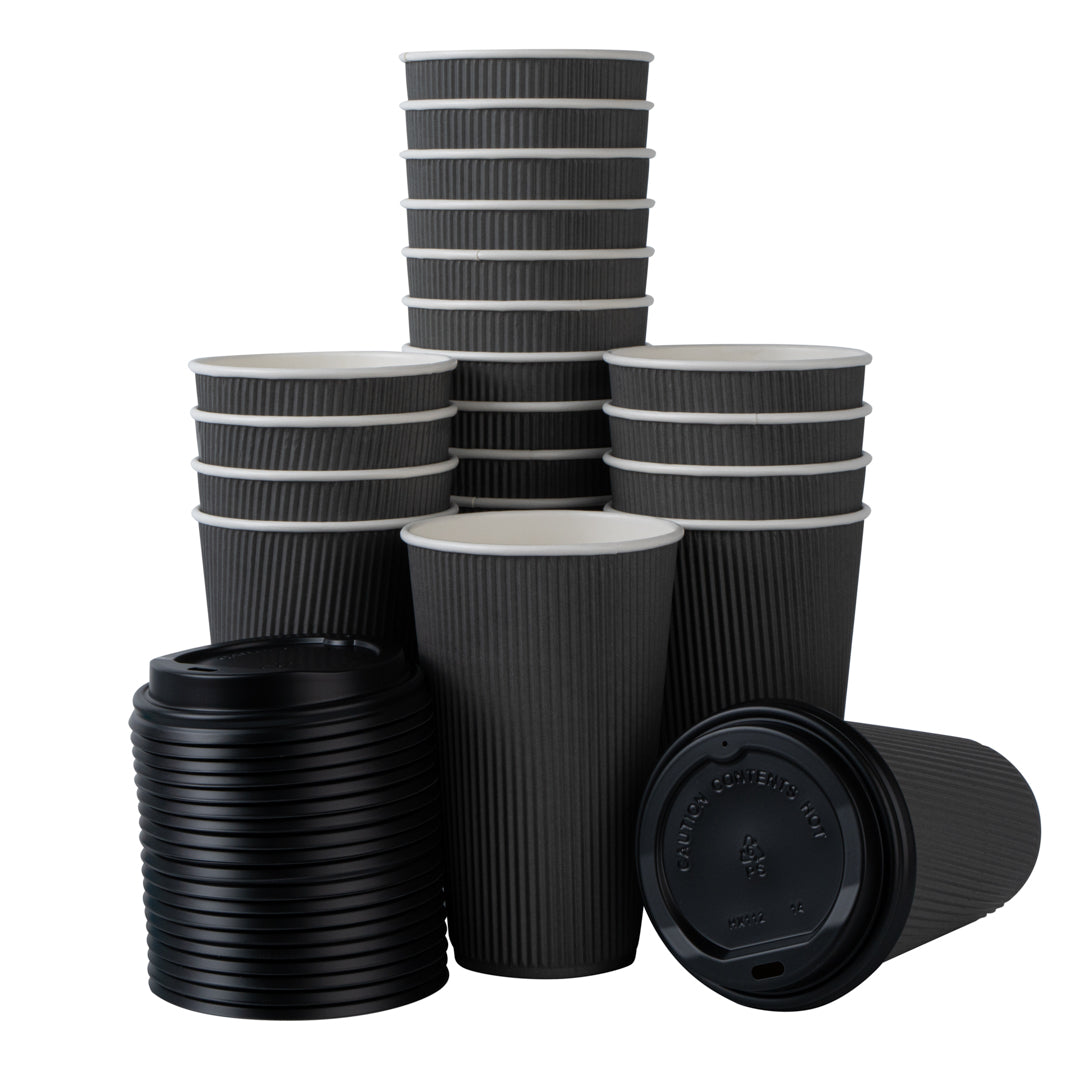 Restpresso 16 oz Gray Paper Ripple Wall Coffee Cup - with Black Lid - 3 1/2" x 3 1/2" x 6 1/4" - 20 count box
