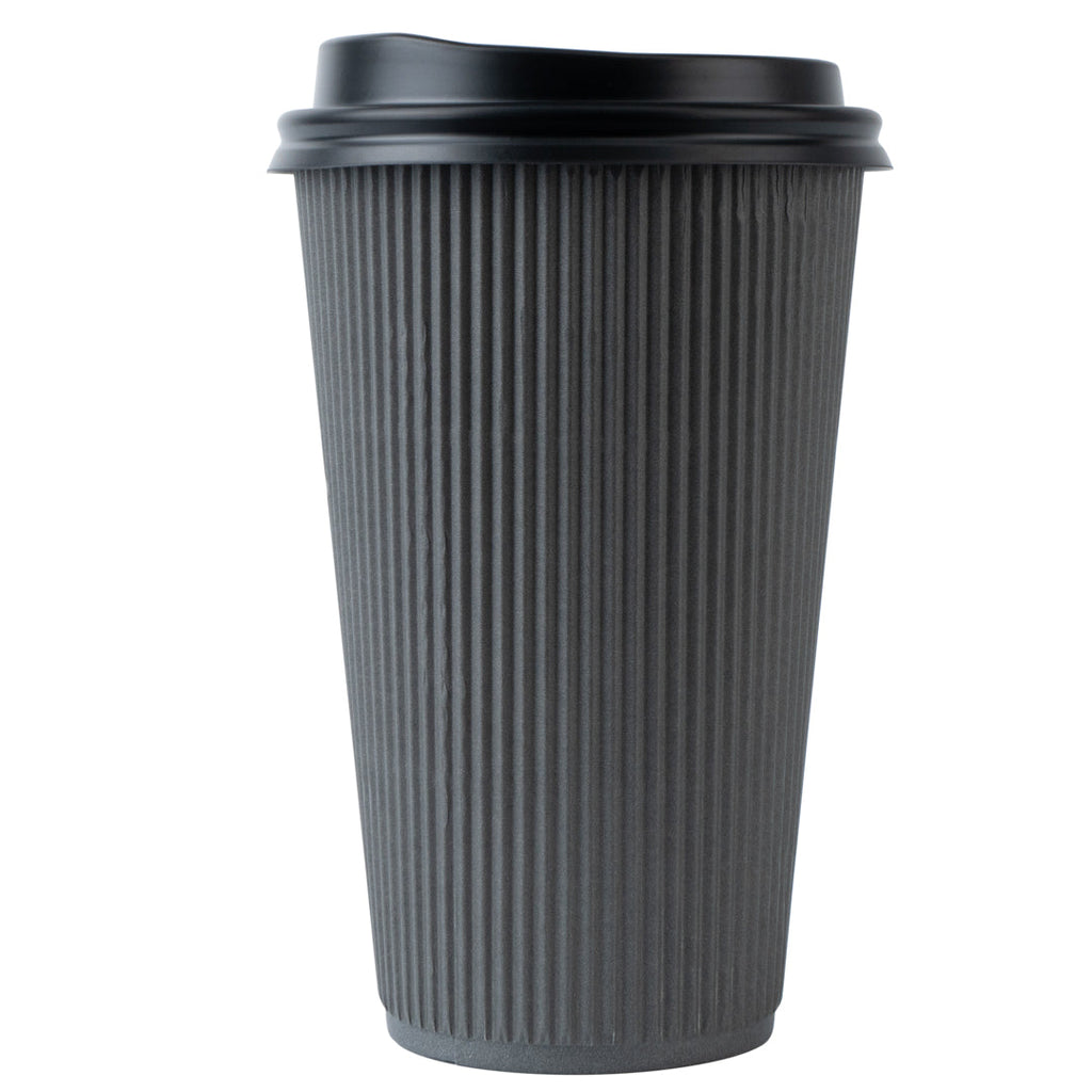 Restpresso 16 oz Gray Paper Ripple Wall Coffee Cup - with Black Lid - 3 1/2" x 3 1/2" x 6 1/4" - 20 count box