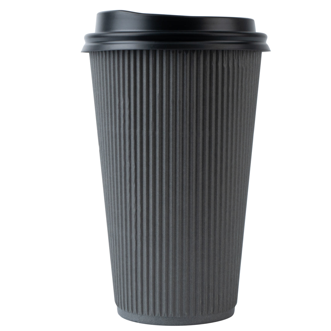 Restpresso 16 oz Gray Paper Ripple Wall Coffee Cup - with Black Lid - 3 1/2" x 3 1/2" x 6 1/4" - 200 count box