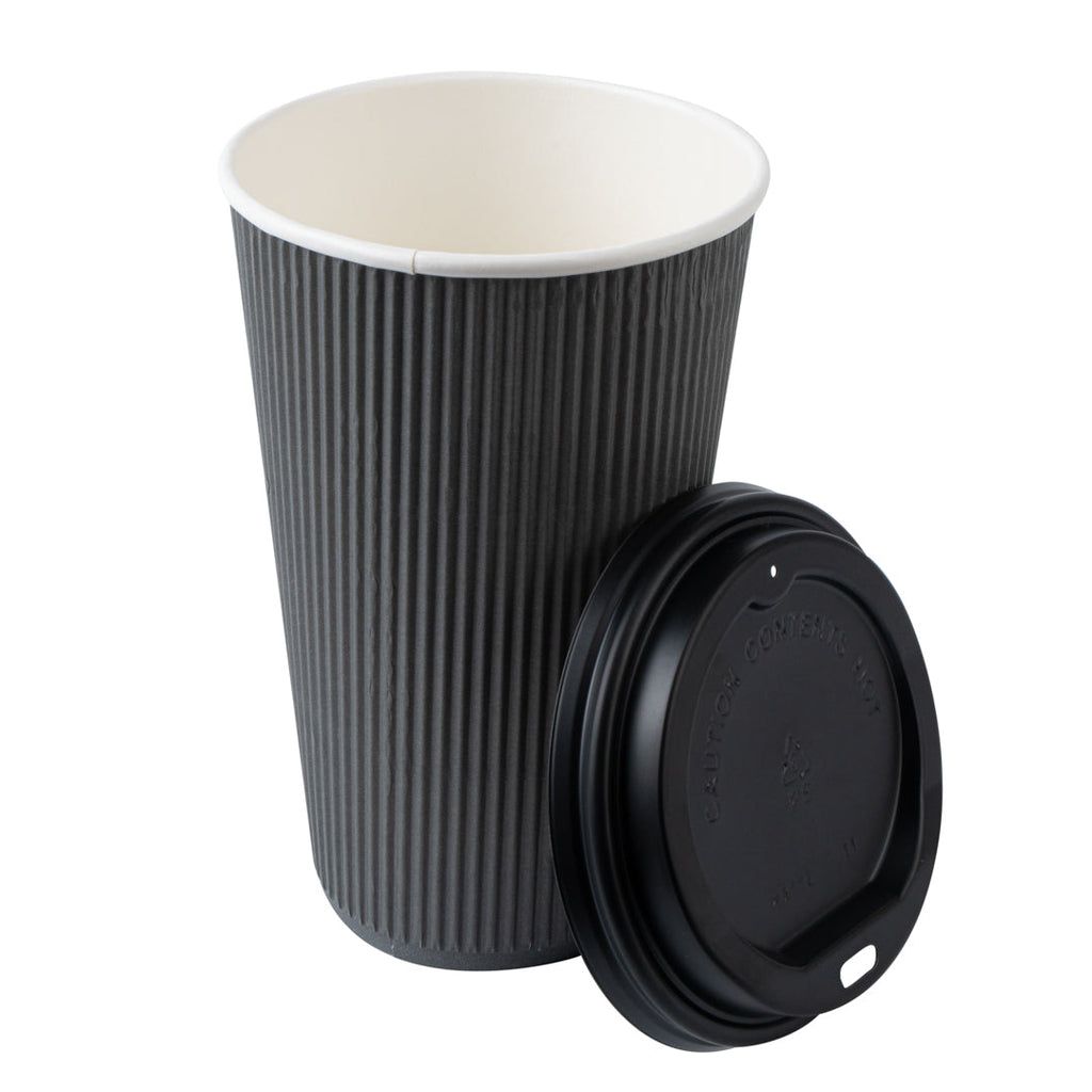 Restpresso 16 oz Gray Paper Ripple Wall Coffee Cup - with Black Lid - 3 1/2" x 3 1/2" x 6 1/4" - 200 count box