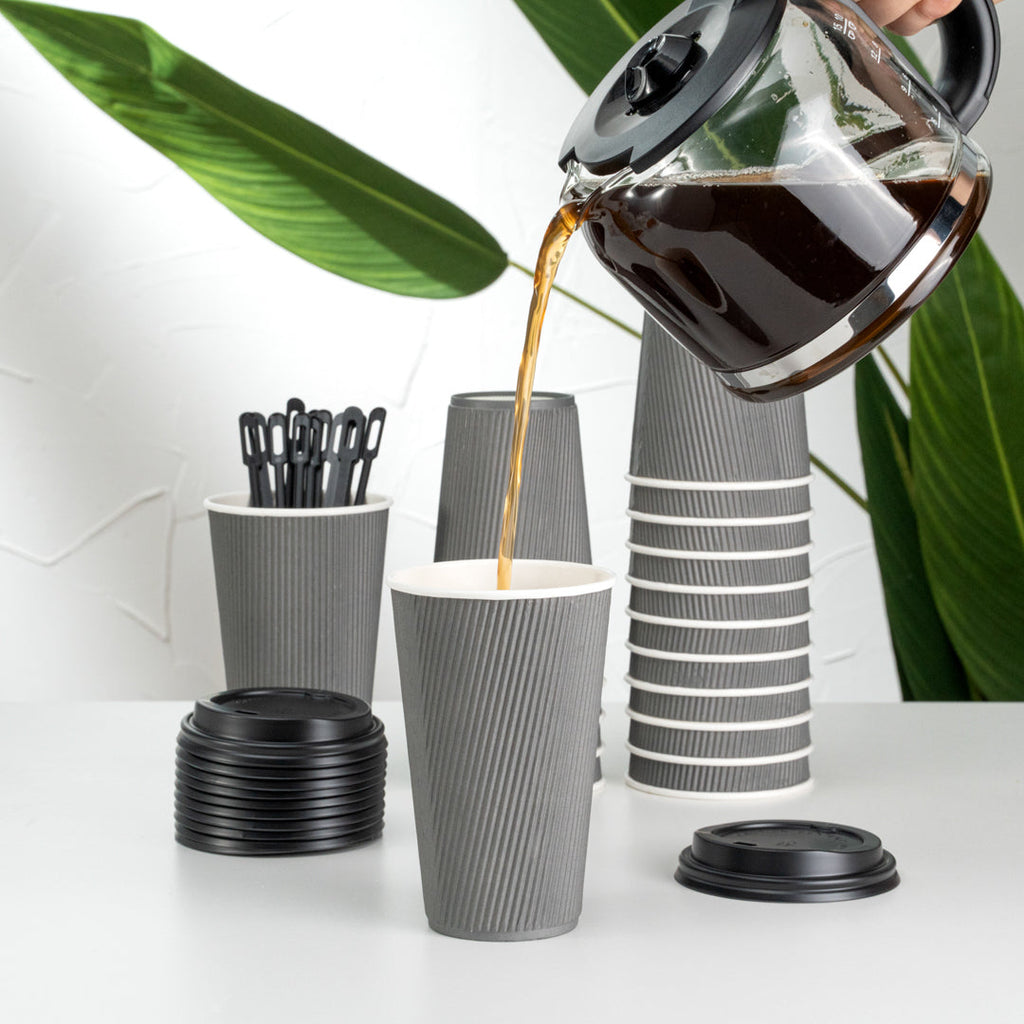 Restpresso 16 oz Gray Paper Ripple Wall Coffee Cup - with Black Lid - 3 1/2" x 3 1/2" x 6 1/4" - 200 count box