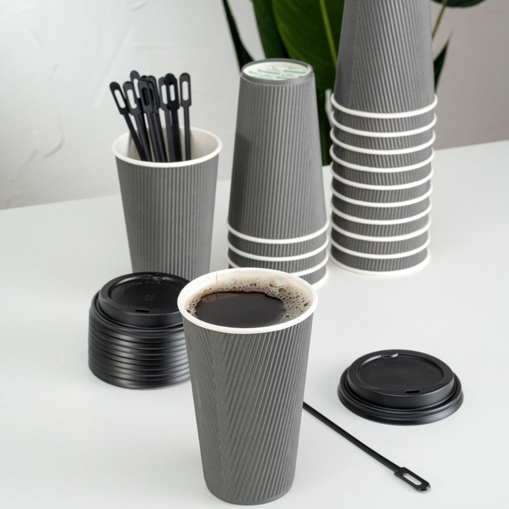 Restpresso 16 oz Gray Paper Ripple Wall Coffee Cup - with Black Lid - 3 1/2" x 3 1/2" x 6 1/4" - 200 count box