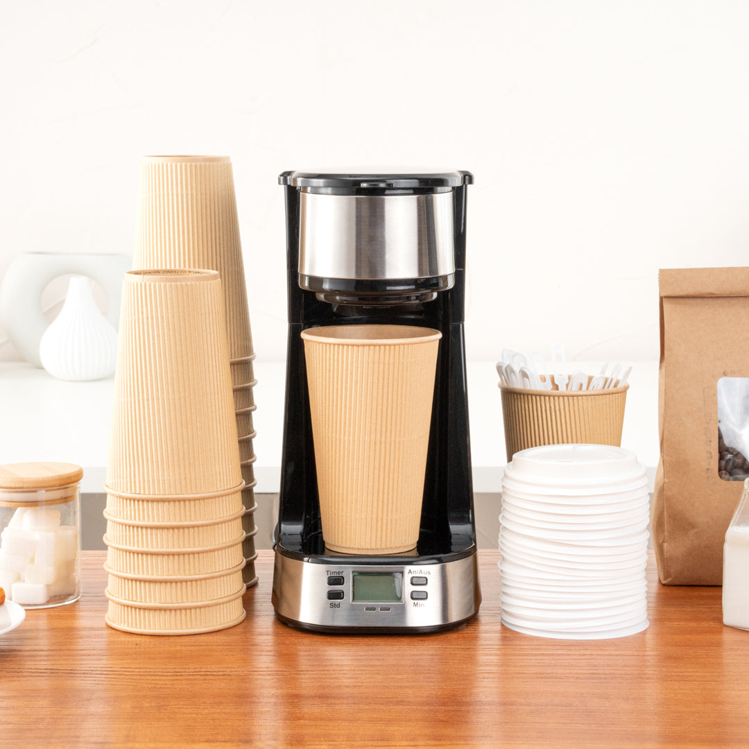 Restpresso 16 oz Kraft Paper Ripple Wall Coffee Cup - with White Lid - 3 1/2" x 3 1/2" x 6 1/4" - 20 count box
