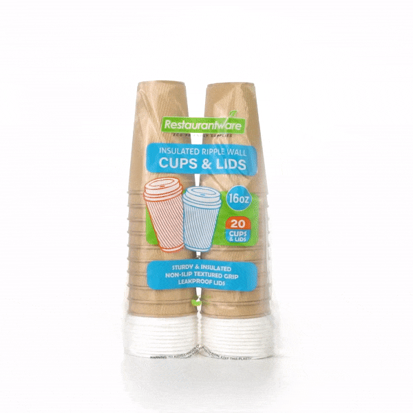 Restpresso 16 oz Kraft Paper Ripple Wall Coffee Cup - with White Lid - 3 1/2" x 3 1/2" x 6 1/4" - 20 count box