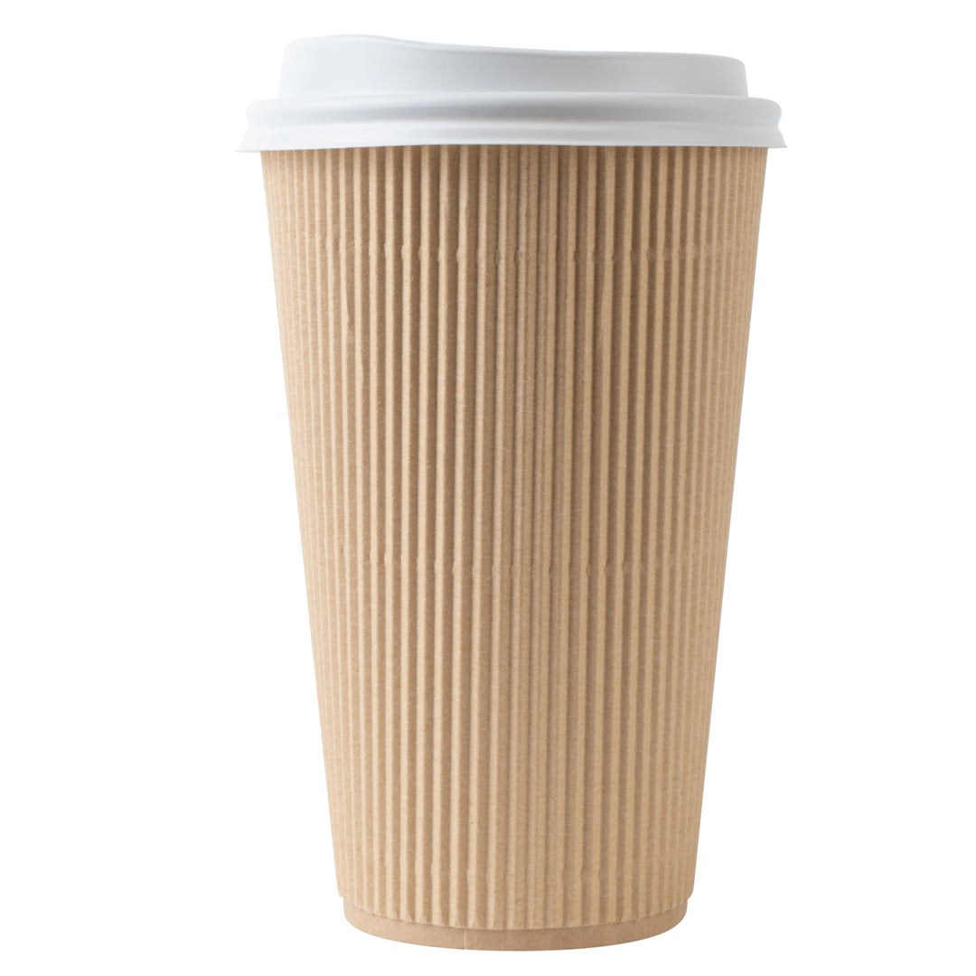 Restpresso 16 oz Kraft Paper Ripple Wall Coffee Cup - with White Lid - 3 1/2" x 3 1/2" x 6 1/4" - 20 count box