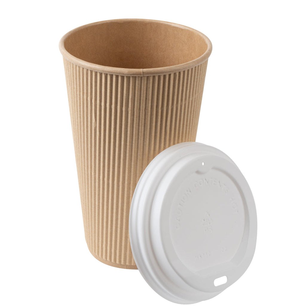 Restpresso 16 oz Kraft Paper Ripple Wall Coffee Cup - with White Lid - 3 1/2" x 3 1/2" x 6 1/4" - 20 count box