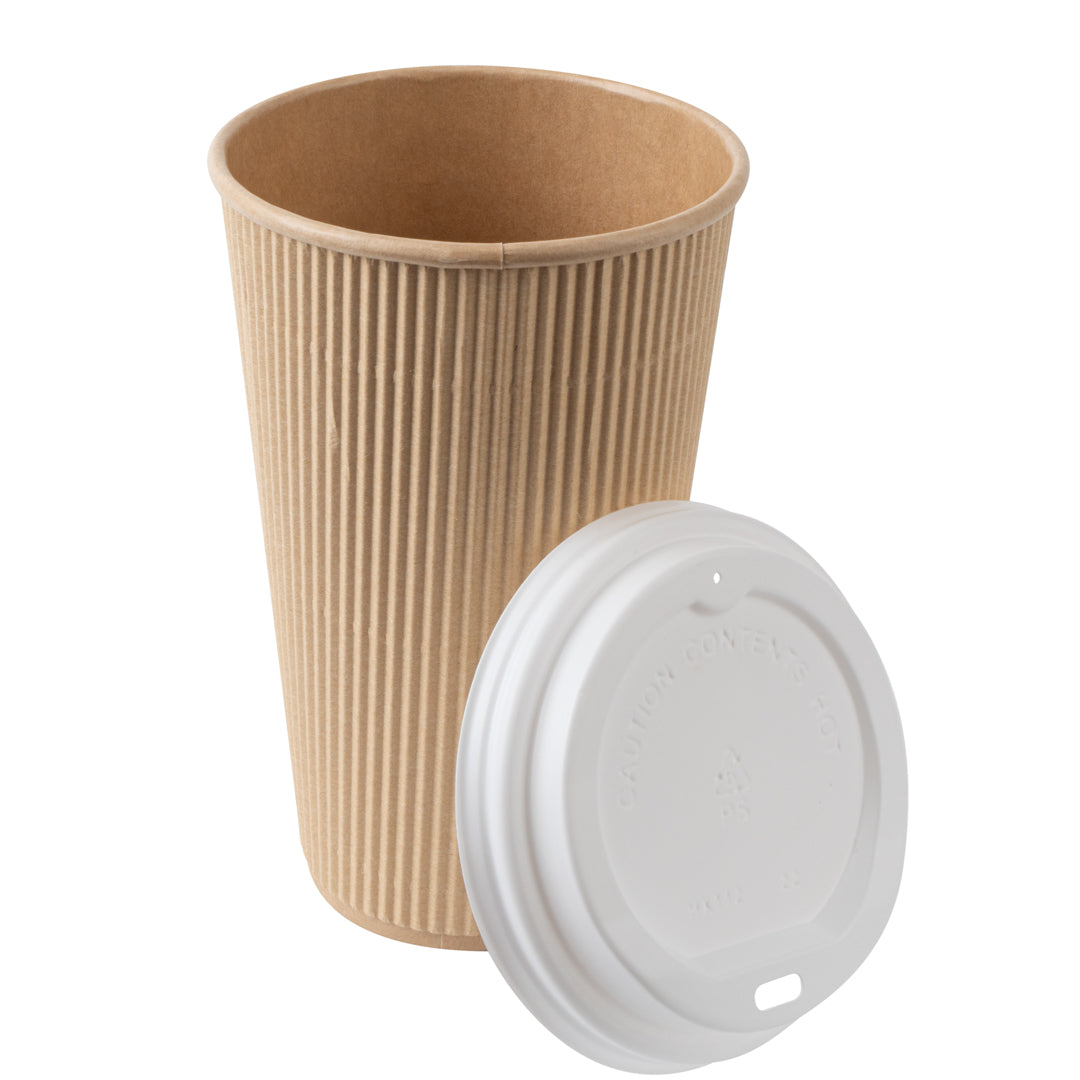 Restpresso 16 oz Kraft Paper Ripple Wall Coffee Cup - with White Lid - 3 1/2" x 3 1/2" x 6 1/4" - 20 count box