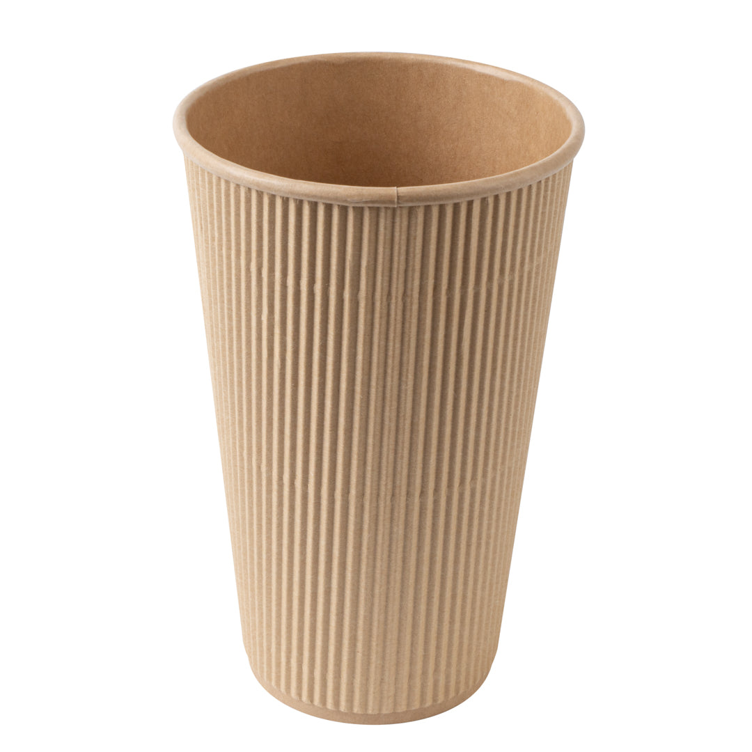 Restpresso 16 oz Kraft Paper Ripple Wall Coffee Cup - with White Lid - 3 1/2" x 3 1/2" x 6 1/4" - 20 count box