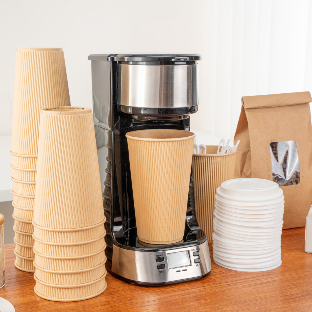 Restpresso 16 oz Kraft Paper Ripple Wall Coffee Cup - with White Lid - 3 1/2" x 3 1/2" x 6 1/4" - 20 count box