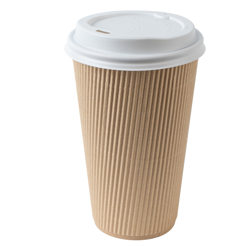Restpresso 16 oz Kraft Paper Ripple Wall Coffee Cup - with White Lid - 3 1/2" x 3 1/2" x 6 1/4" - 200 count box