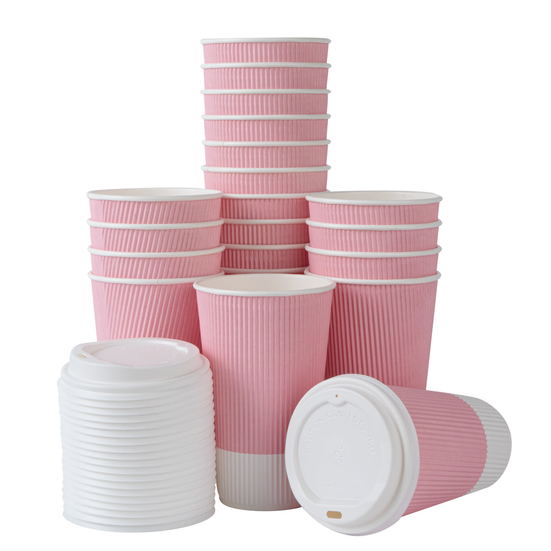 Restpresso 16 oz Light Pink Paper Ripple Wall Coffee Cup - with White Lid - 3 1/2" x 3 1/2" x 6 1/4" - 20 count box