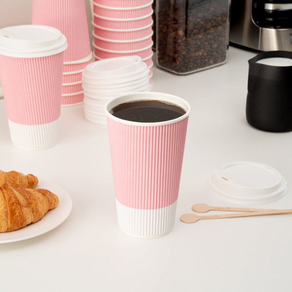 Restpresso 16 oz Light Pink Paper Ripple Wall Coffee Cup - with White Lid - 3 1/2" x 3 1/2" x 6 1/4" - 20 count box
