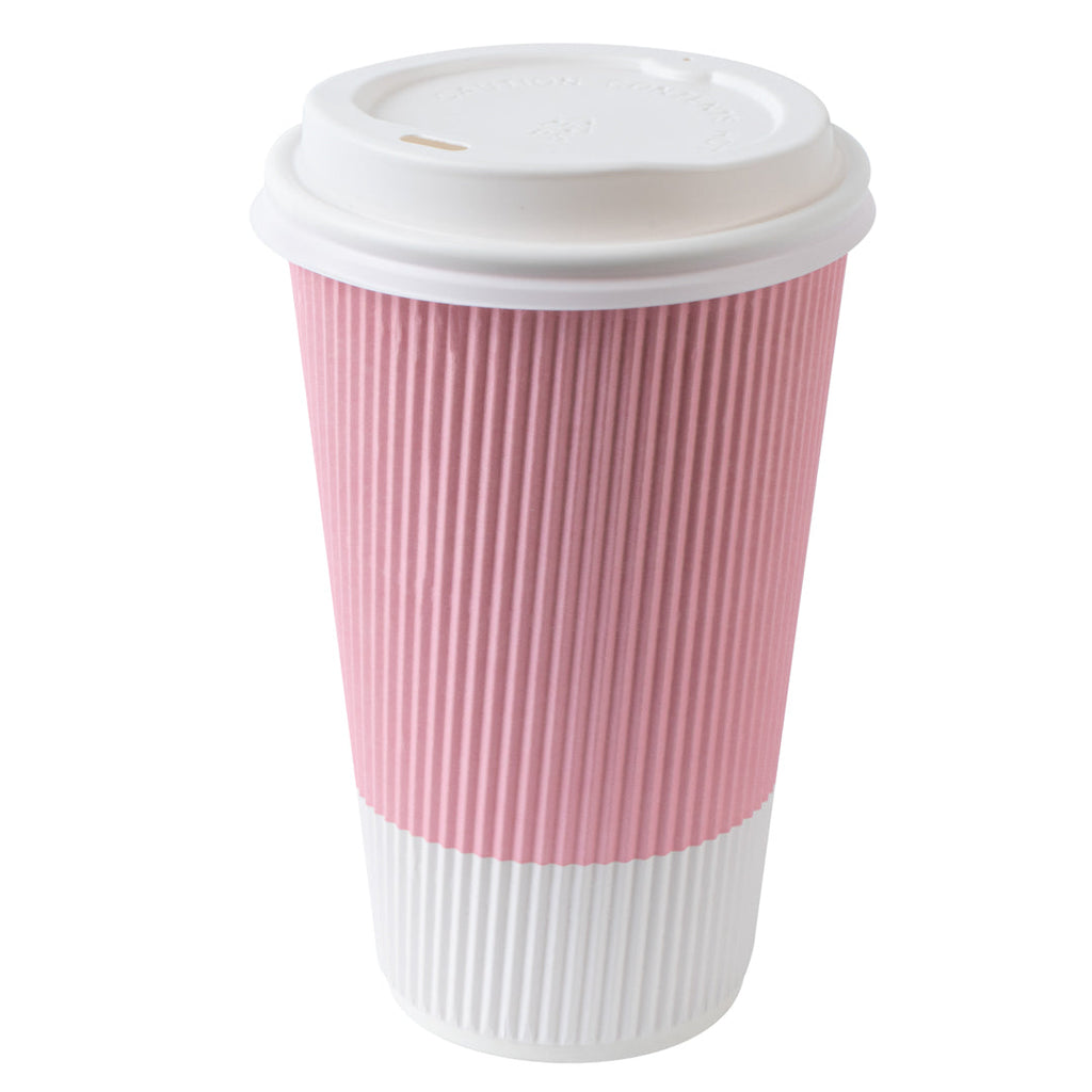 Restpresso 16 oz Light Pink Paper Ripple Wall Coffee Cup - with White Lid - 3 1/2" x 3 1/2" x 6 1/4" - 20 count box