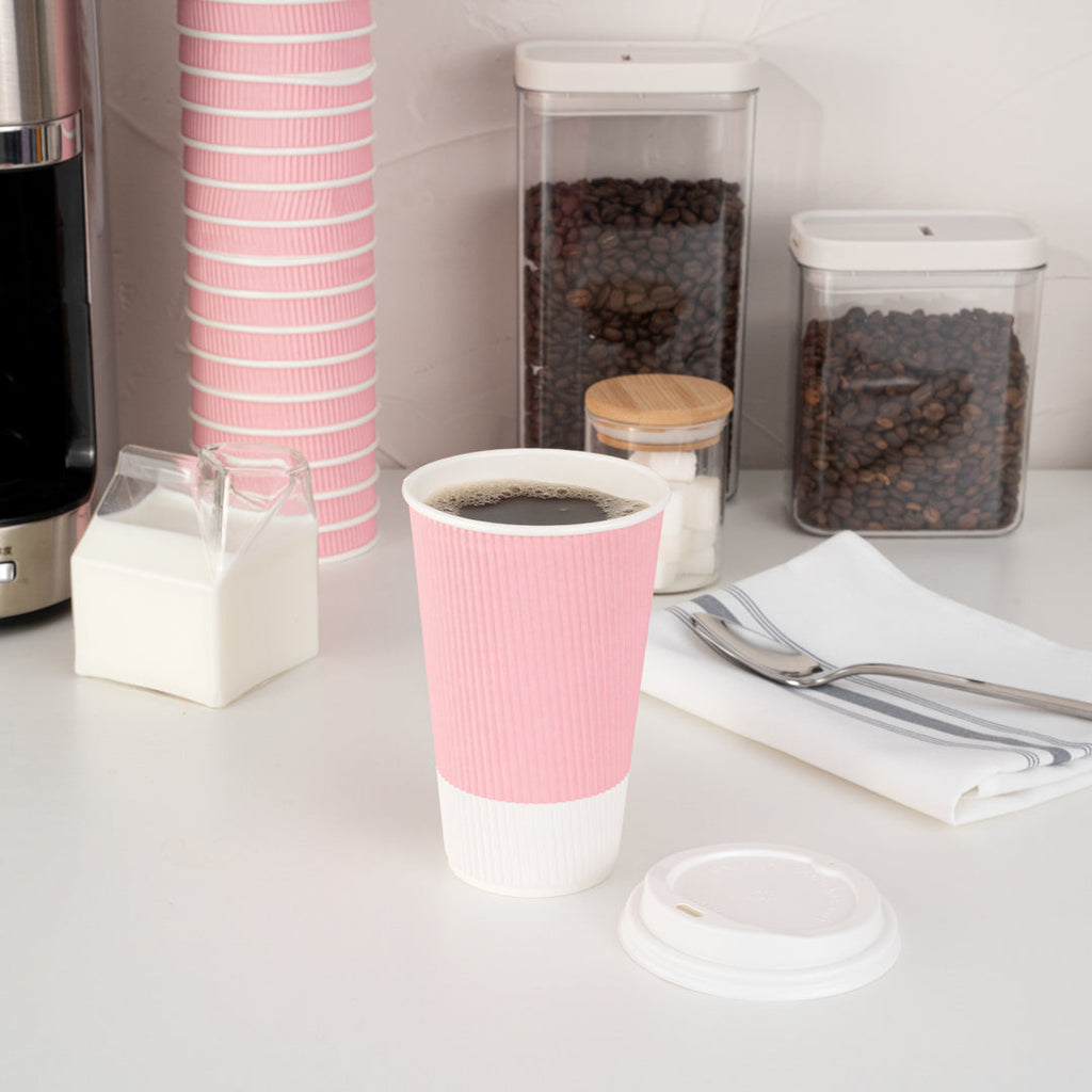 Restpresso 16 oz Light Pink Paper Ripple Wall Coffee Cup - with White Lid - 3 1/2" x 3 1/2" x 6 1/4" - 20 count box