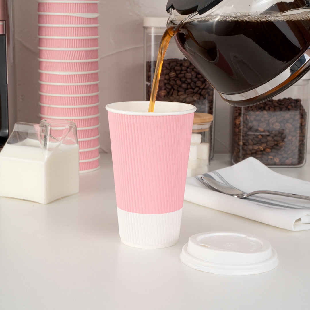 Restpresso 16 oz Light Pink Paper Ripple Wall Coffee Cup - with White Lid - 3 1/2" x 3 1/2" x 6 1/4" - 20 count box