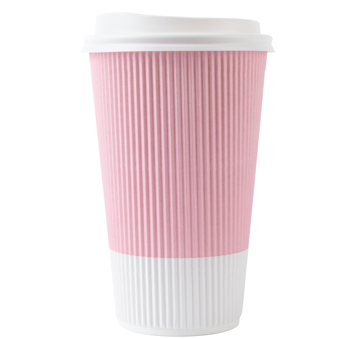 Restpresso 16 oz Light Pink Paper Ripple Wall Coffee Cup - with White Lid - 3 1/2" x 3 1/2" x 6 1/4" - 200 count box