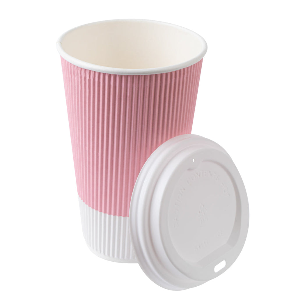Restpresso 16 oz Light Pink Paper Ripple Wall Coffee Cup - with White Lid - 3 1/2" x 3 1/2" x 6 1/4" - 200 count box