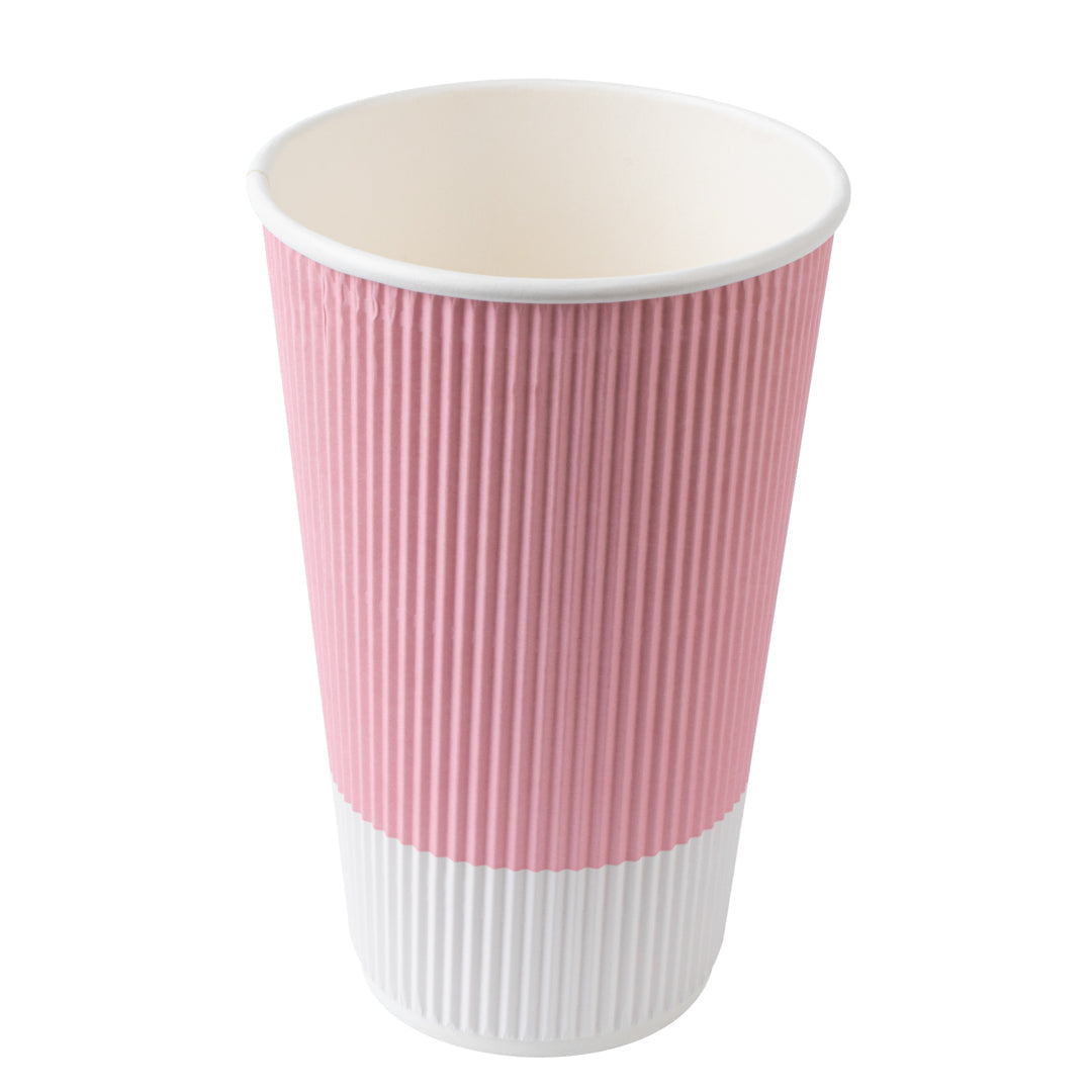 Restpresso 16 oz Light Pink Paper Ripple Wall Coffee Cup - with White Lid - 3 1/2" x 3 1/2" x 6 1/4" - 200 count box