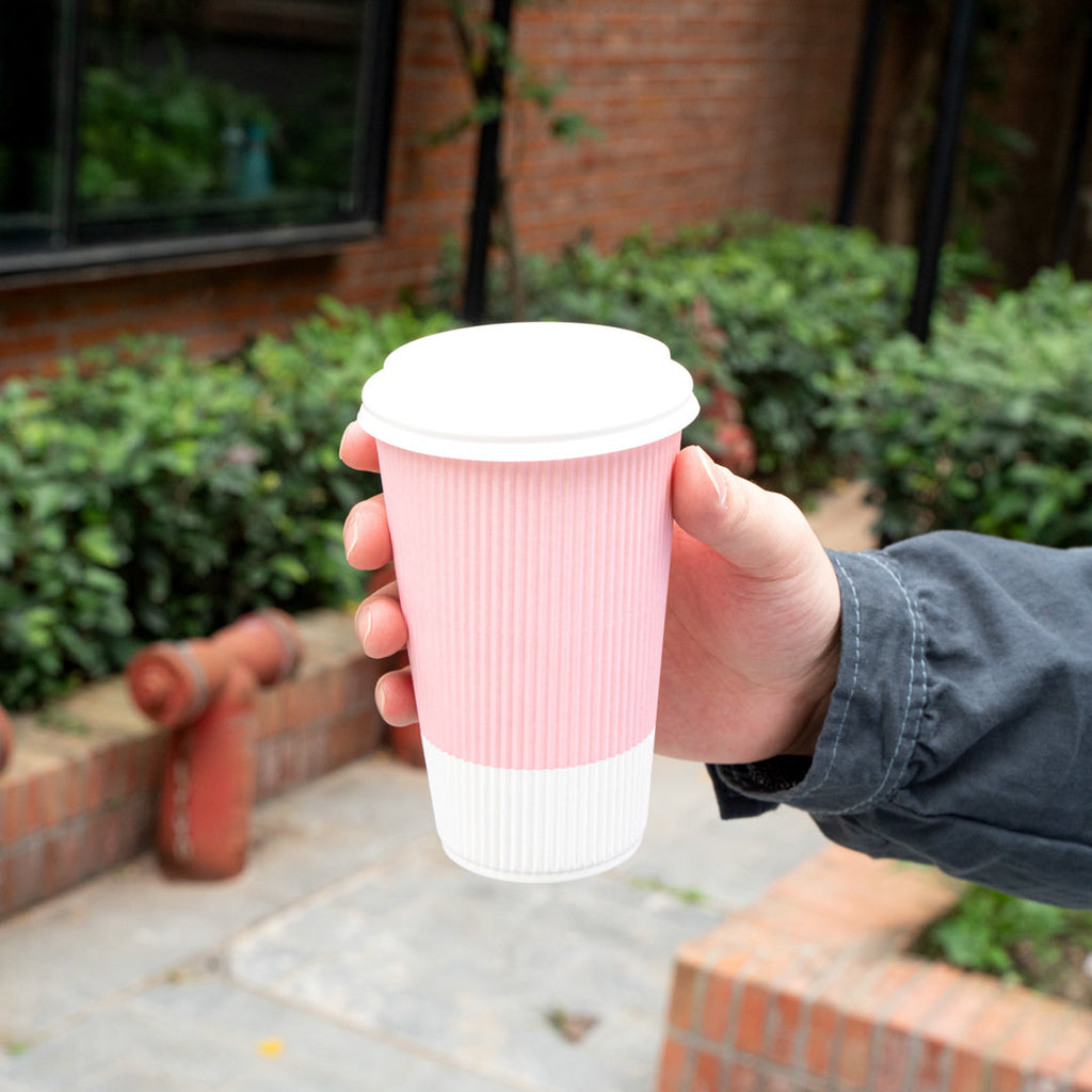 Restpresso 16 oz Light Pink Paper Ripple Wall Coffee Cup - with White Lid - 3 1/2" x 3 1/2" x 6 1/4" - 200 count box