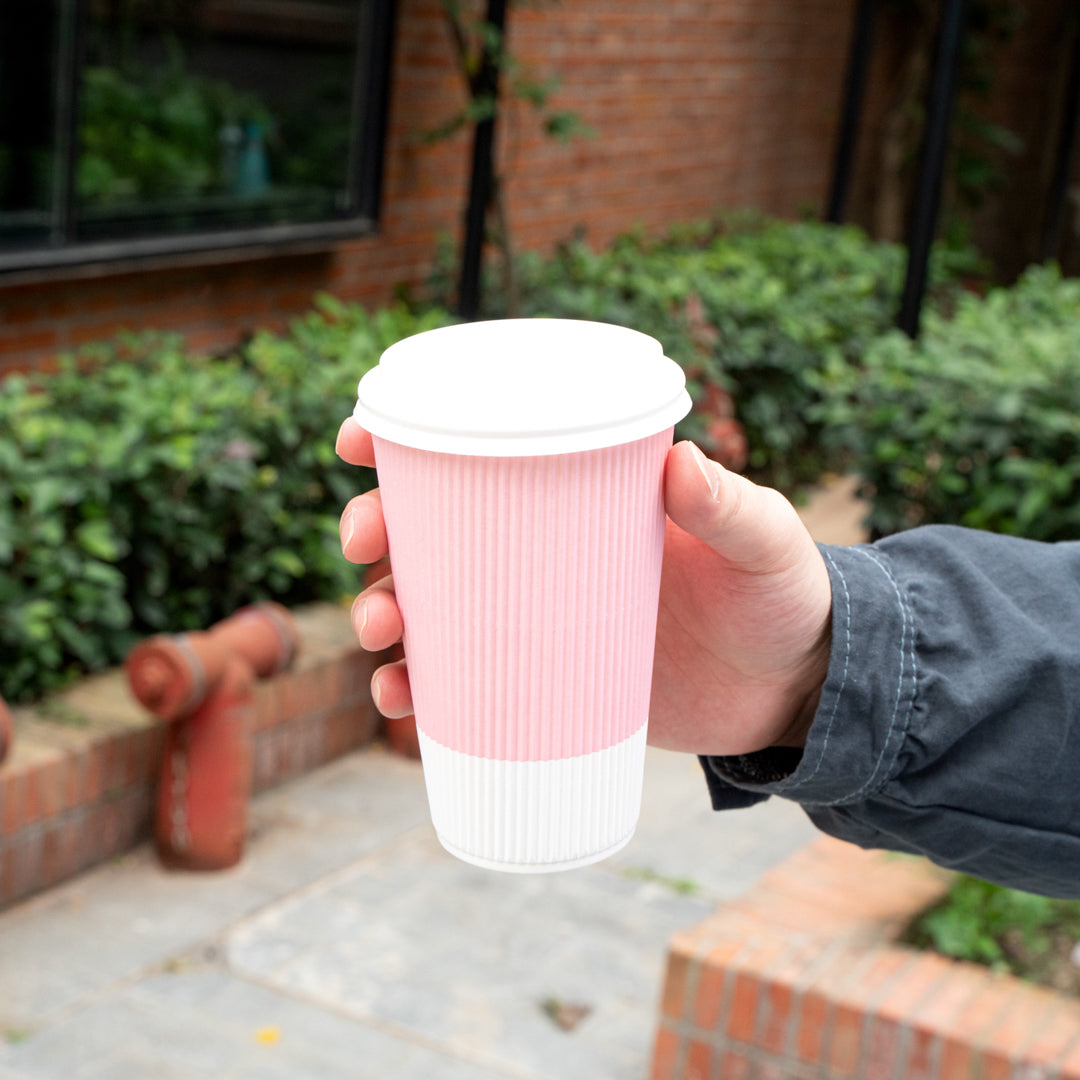 Restpresso 16 oz Light Pink Paper Ripple Wall Coffee Cup - with White Lid - 3 1/2" x 3 1/2" x 6 1/4" - 200 count box