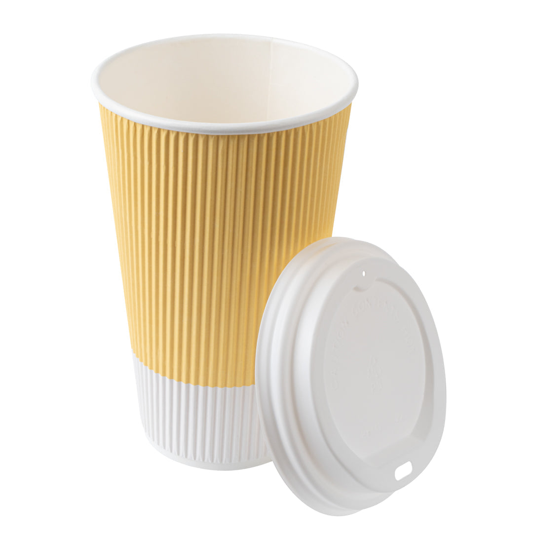 Restpresso 16 oz Light Yellow Paper Ripple Wall Coffee Cup - with White Lid - 3 1/2" x 3 1/2" x 6 1/4" - 20 count box