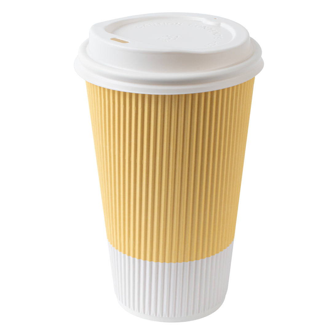 Restpresso 16 oz Light Yellow Paper Ripple Wall Coffee Cup - with White Lid - 3 1/2" x 3 1/2" x 6 1/4" - 200 count box