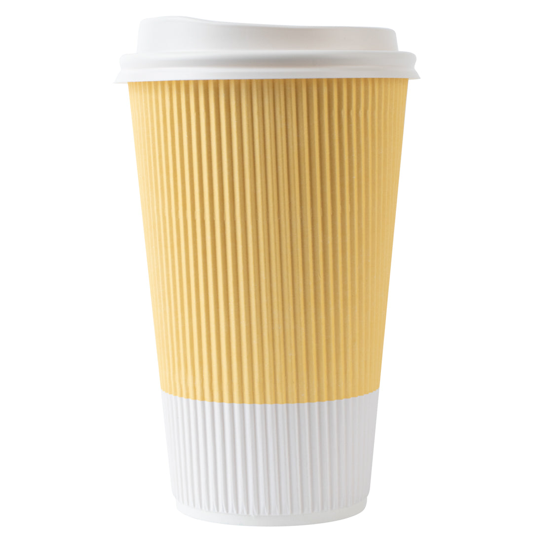 Restpresso 16 oz Light Yellow Paper Ripple Wall Coffee Cup - with White Lid - 3 1/2" x 3 1/2" x 6 1/4" - 200 count box
