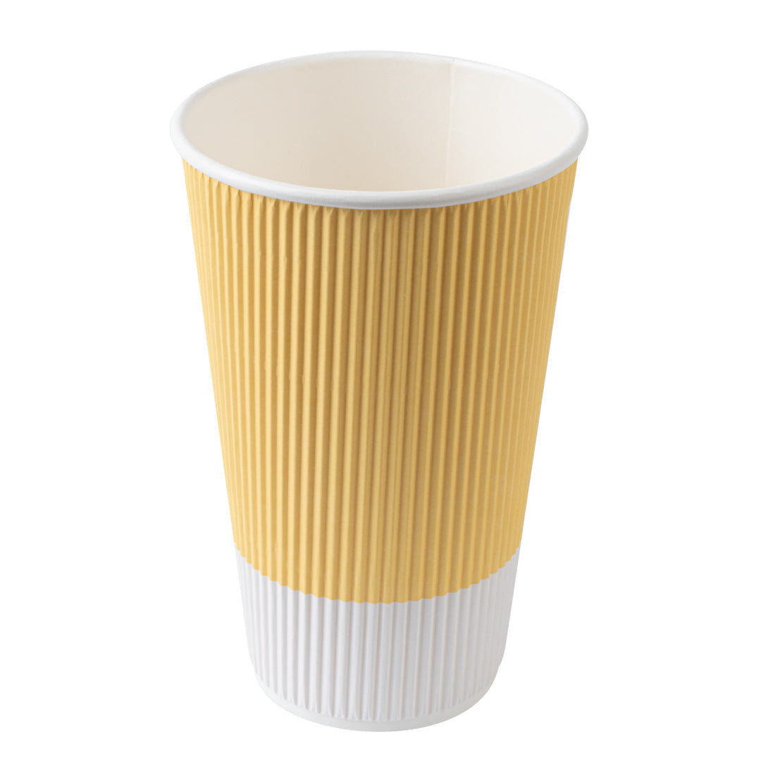 Restpresso 16 oz Light Yellow Paper Ripple Wall Coffee Cup - with White Lid - 3 1/2" x 3 1/2" x 6 1/4" - 200 count box