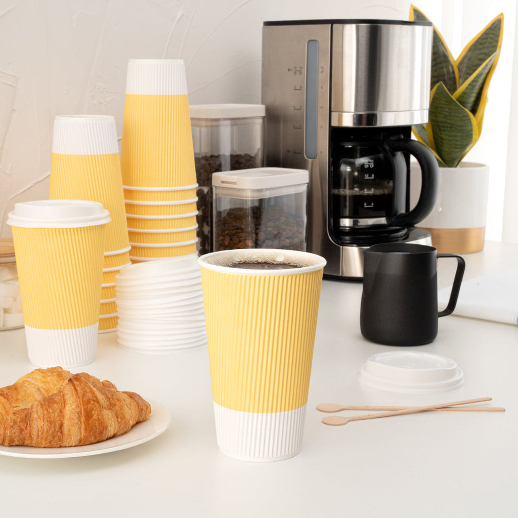 Restpresso 16 oz Light Yellow Paper Ripple Wall Coffee Cup - with White Lid - 3 1/2" x 3 1/2" x 6 1/4" - 200 count box