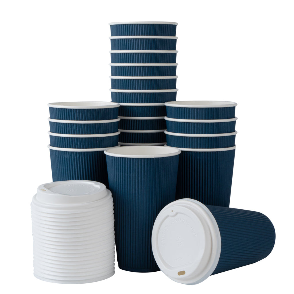 Restpresso 16 oz Midnight Blue Paper Ripple Wall Coffee Cup - with White Lid - 3 1/2" x 3 1/2" x 6 1/4" - 200 count box