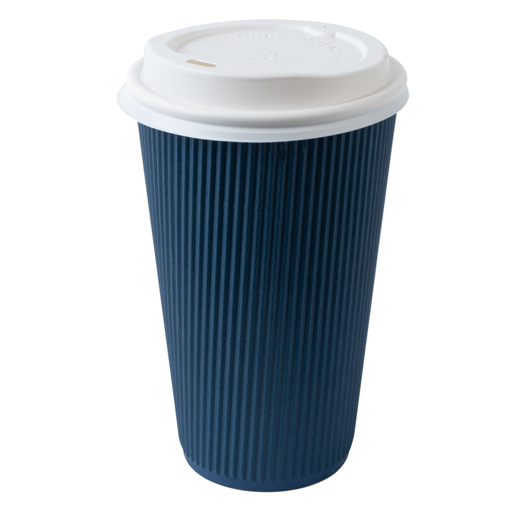 Restpresso 16 oz Midnight Blue Paper Ripple Wall Coffee Cup - with White Lid - 3 1/2" x 3 1/2" x 6 1/4" - 20 count box