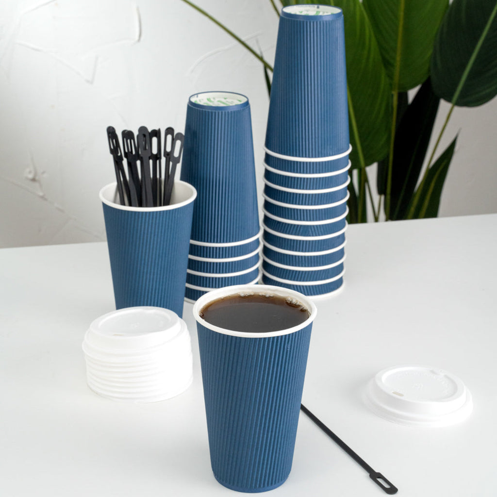 Restpresso 16 oz Midnight Blue Paper Ripple Wall Coffee Cup - with White Lid - 3 1/2" x 3 1/2" x 6 1/4" - 20 count box