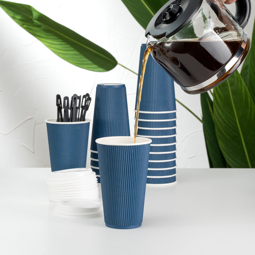 Restpresso 16 oz Midnight Blue Paper Ripple Wall Coffee Cup - with White Lid - 3 1/2" x 3 1/2" x 6 1/4" - 200 count box