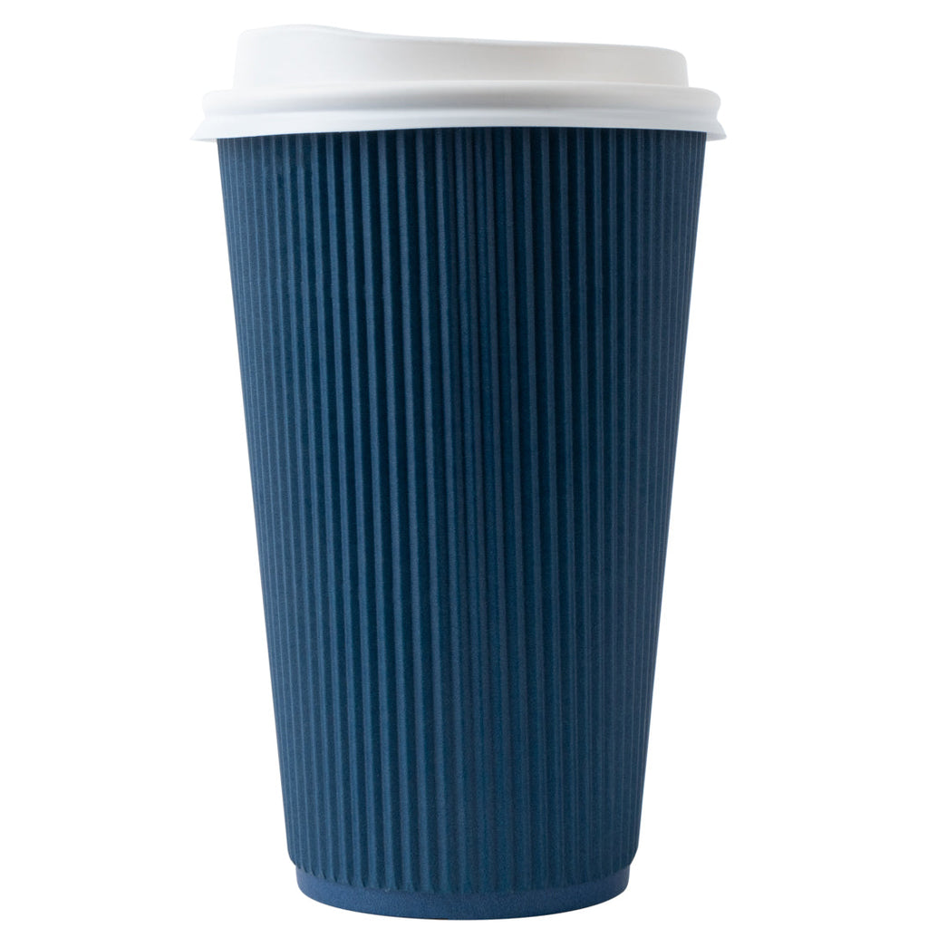 Restpresso 16 oz Midnight Blue Paper Ripple Wall Coffee Cup - with White Lid - 3 1/2" x 3 1/2" x 6 1/4" - 200 count box