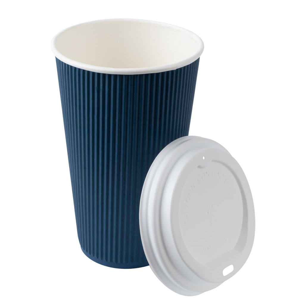 Restpresso 16 oz Midnight Blue Paper Ripple Wall Coffee Cup - with White Lid - 3 1/2" x 3 1/2" x 6 1/4" - 200 count box
