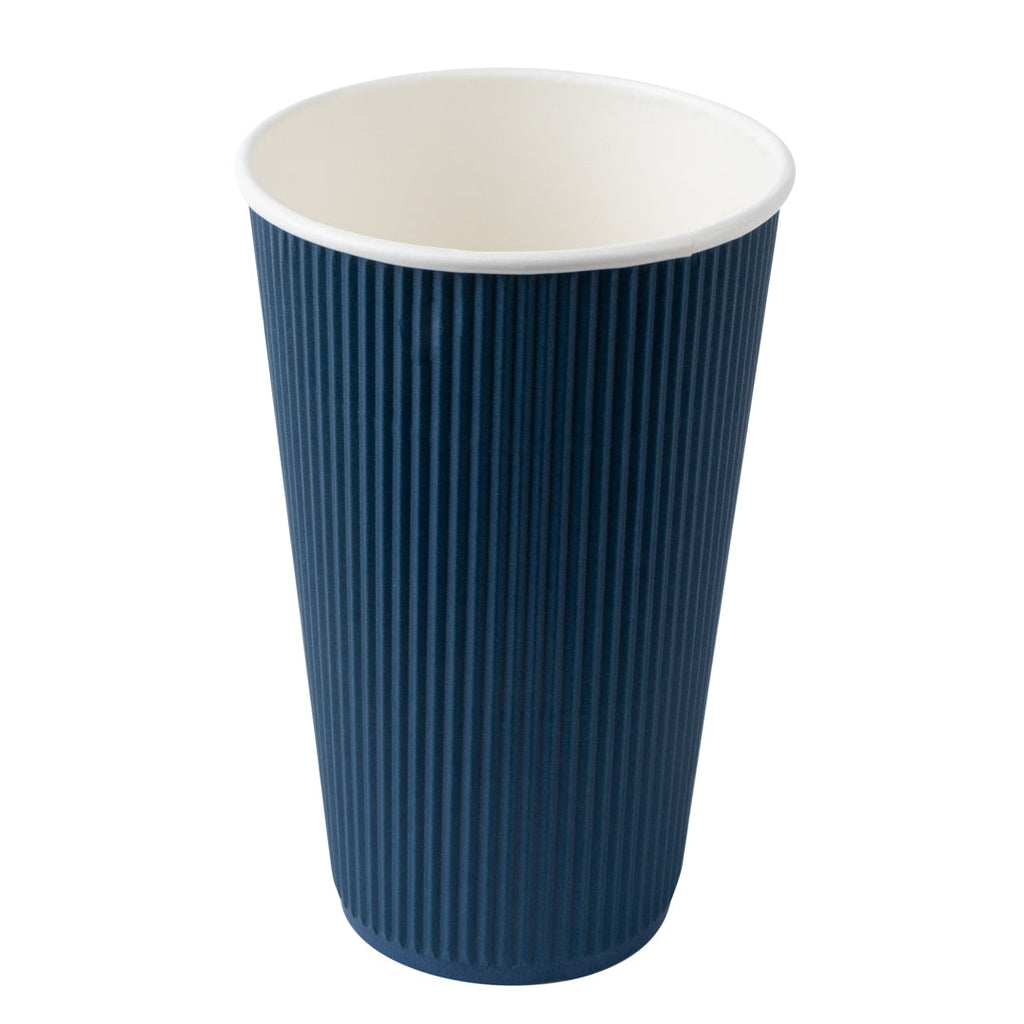 Restpresso 16 oz Midnight Blue Paper Ripple Wall Coffee Cup - with White Lid - 3 1/2" x 3 1/2" x 6 1/4" - 200 count box