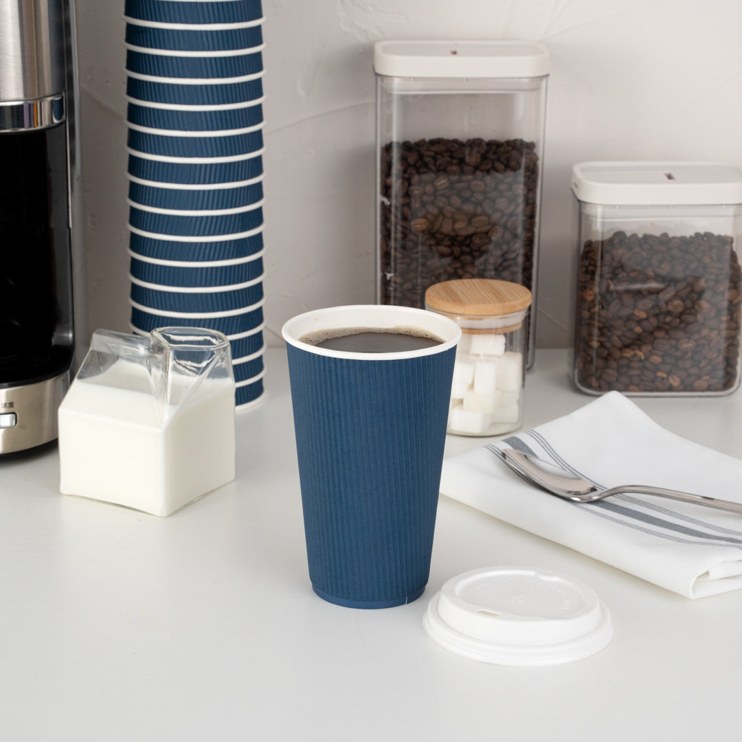 Restpresso 16 oz Midnight Blue Paper Ripple Wall Coffee Cup - with White Lid - 3 1/2" x 3 1/2" x 6 1/4" - 200 count box