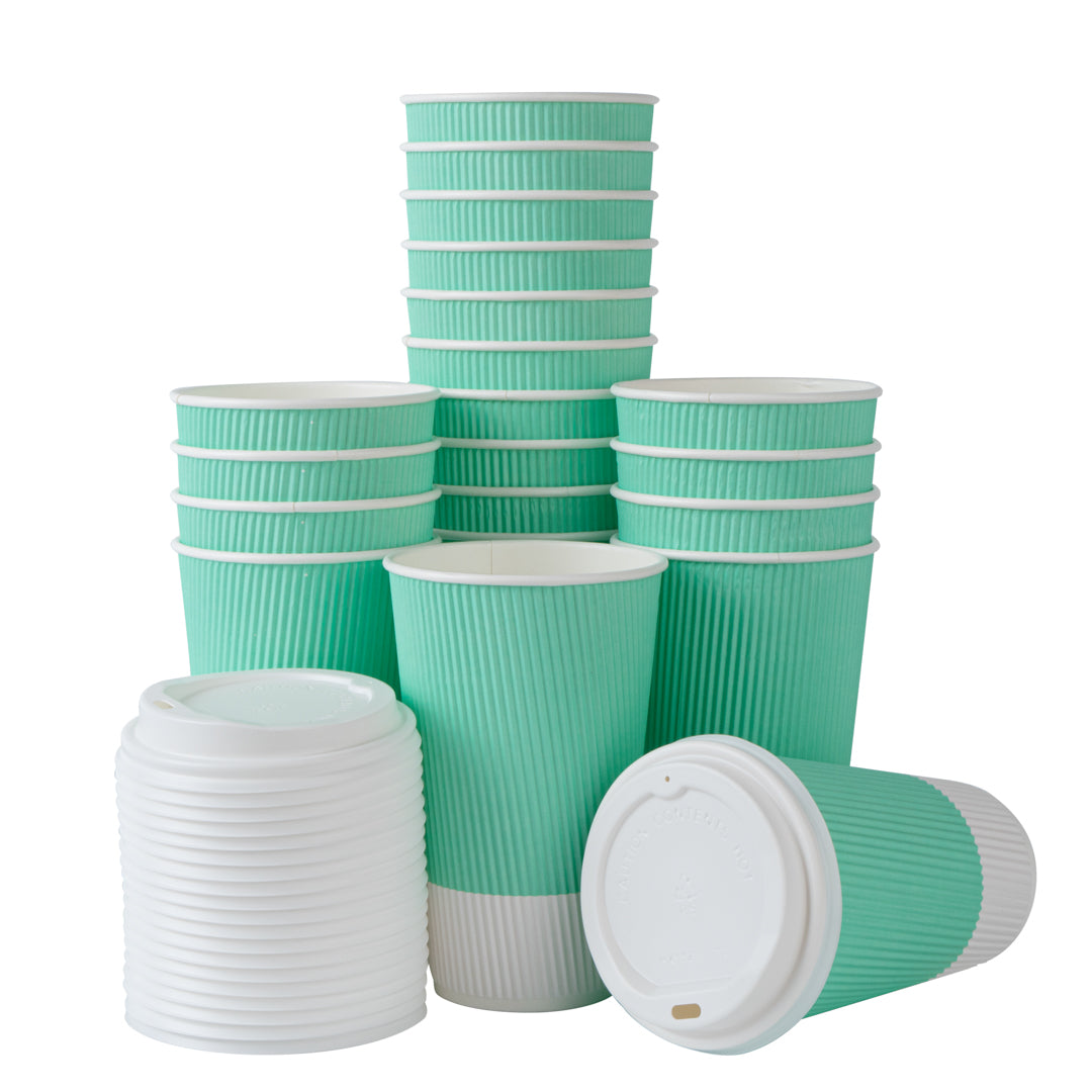 Restpresso 16 oz Light Green Paper Ripple Wall Coffee Cup - with White Lid - 3 1/2" x 3 1/2" x 6 1/4" - 20 count box