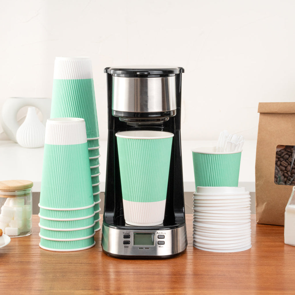 Restpresso 16 oz Light Green Paper Ripple Wall Coffee Cup - with White Lid - 3 1/2" x 3 1/2" x 6 1/4" - 20 count box